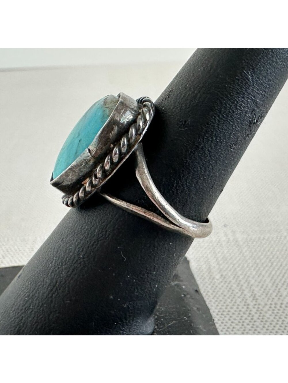 1970s Southwestern Sterling Silver Turquoise Ring Rope Bezel Size 7 - Picture 2 of 6
